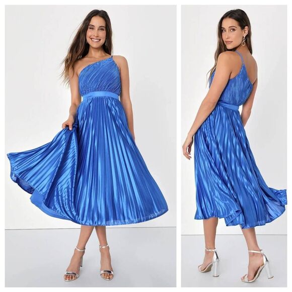 Lulus Alluring Marvel Royal Blue Pleated Satin One-Shoulder Midi Dress Large - Picture 1 of 7